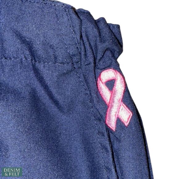 Green Town Navy Pink Ribbon Scrub Set Top & Pants XS Breast Cancer Awareness - Picture 10 of 13
